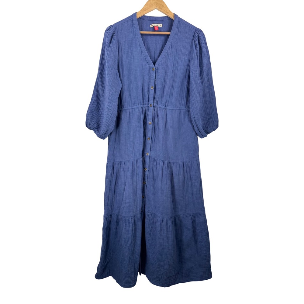 Marine Layer Dress sz M Blue‎ Double Gauze Tiered Button Front Midi beach boho